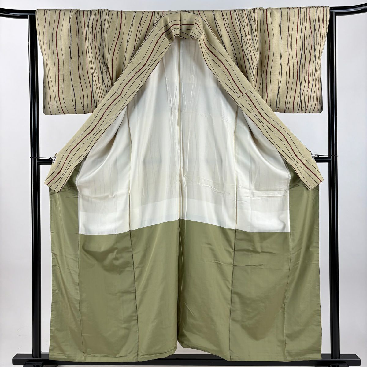 【美品】 小紋 身長156.5cm 袖長63.5cm S 雙層 吉兵衛 紬織織 落款あり よろけ縞 米色 純蠶絲 逸品級