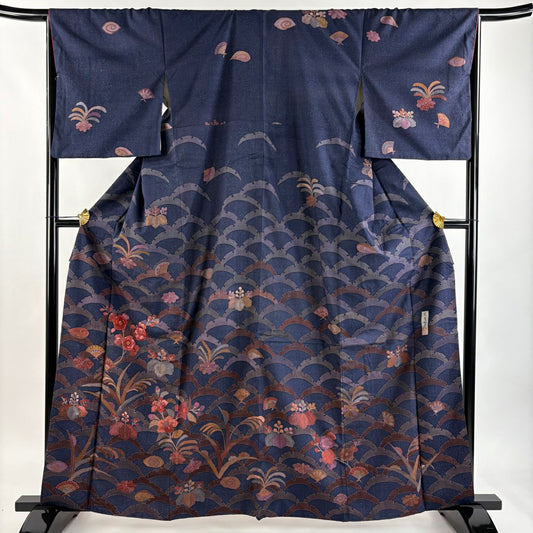 訪問服 身長162cm 袖長66cm M 雙層 京屋林藏 紬織織 落款あり 草花紋紋 雪芝刺繡 青紫 純蠶絲 逸品級