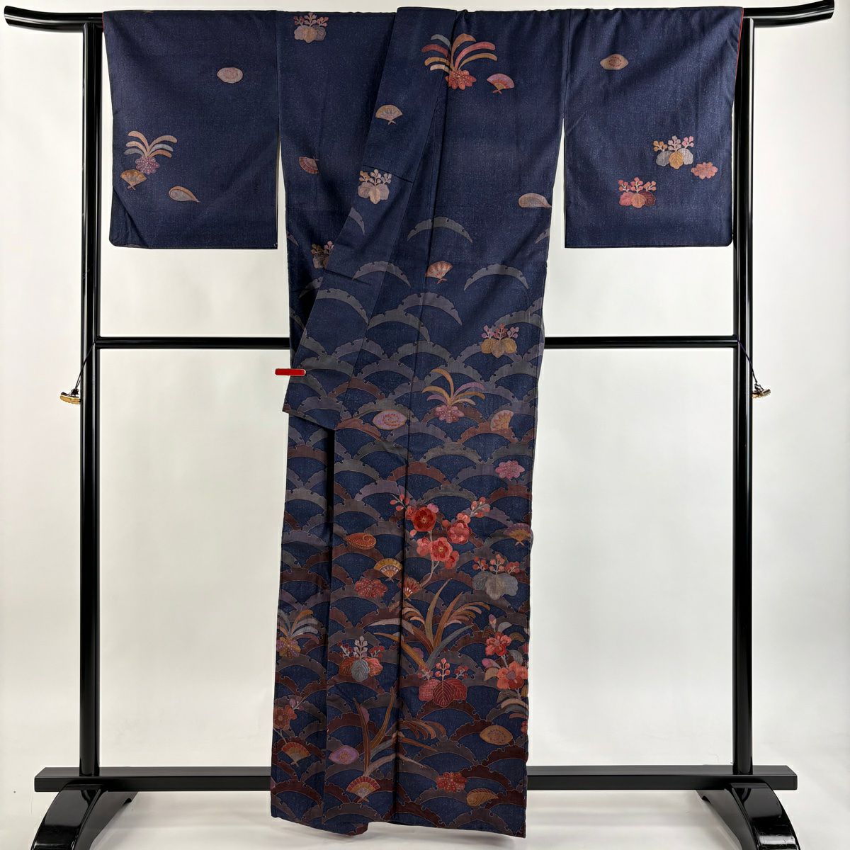 訪問服 身長162cm 袖長66cm M 雙層 京屋林藏 紬織織 落款あり 草花紋紋 雪芝刺繡 青紫 純蠶絲 逸品級