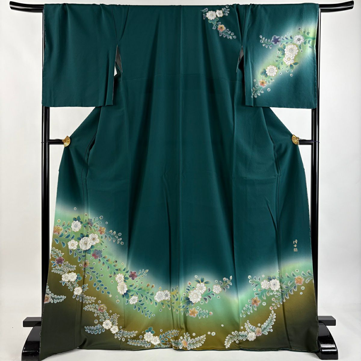 訪問服 身長171.5cm 袖長68cm L 雙層 藤本隆士 落款あり 草花紋紋 螺鈿 金銀彩 綠 純蠶絲 逸品級