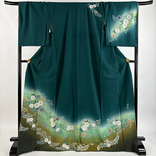訪問服 身長171.5cm 袖長68cm L 雙層 藤本隆士 落款あり 草花紋紋 螺鈿 金銀彩 綠 純蠶絲 逸品級