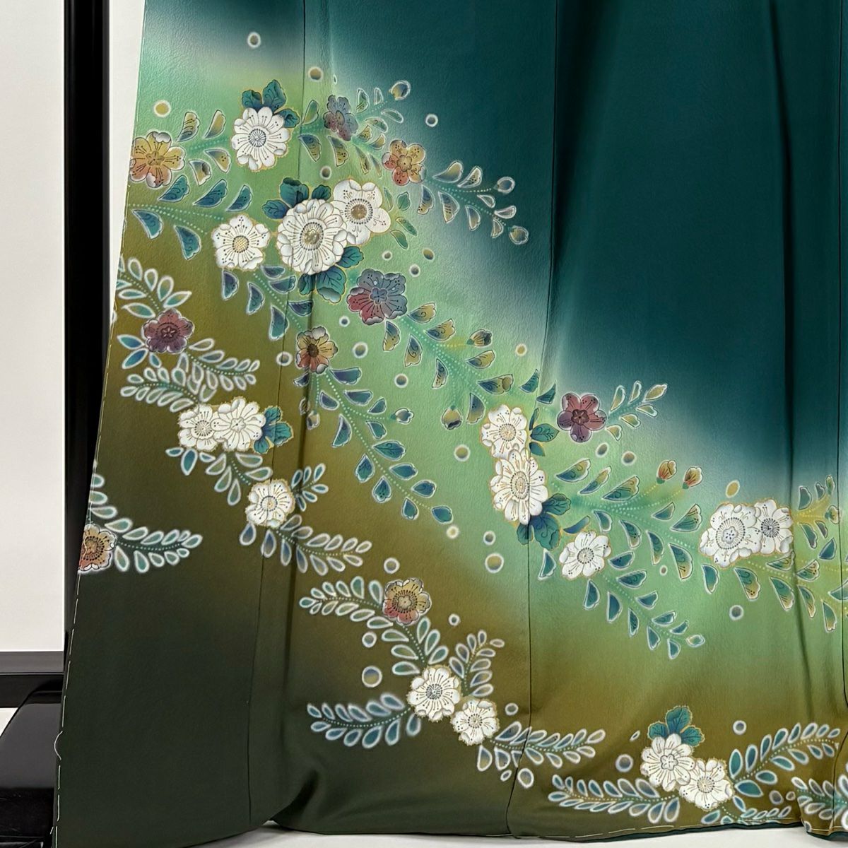 訪問服 身長171.5cm 袖長68cm L 雙層 藤本隆士 落款あり 草花紋紋 螺鈿 金銀彩 綠 純蠶絲 逸品級