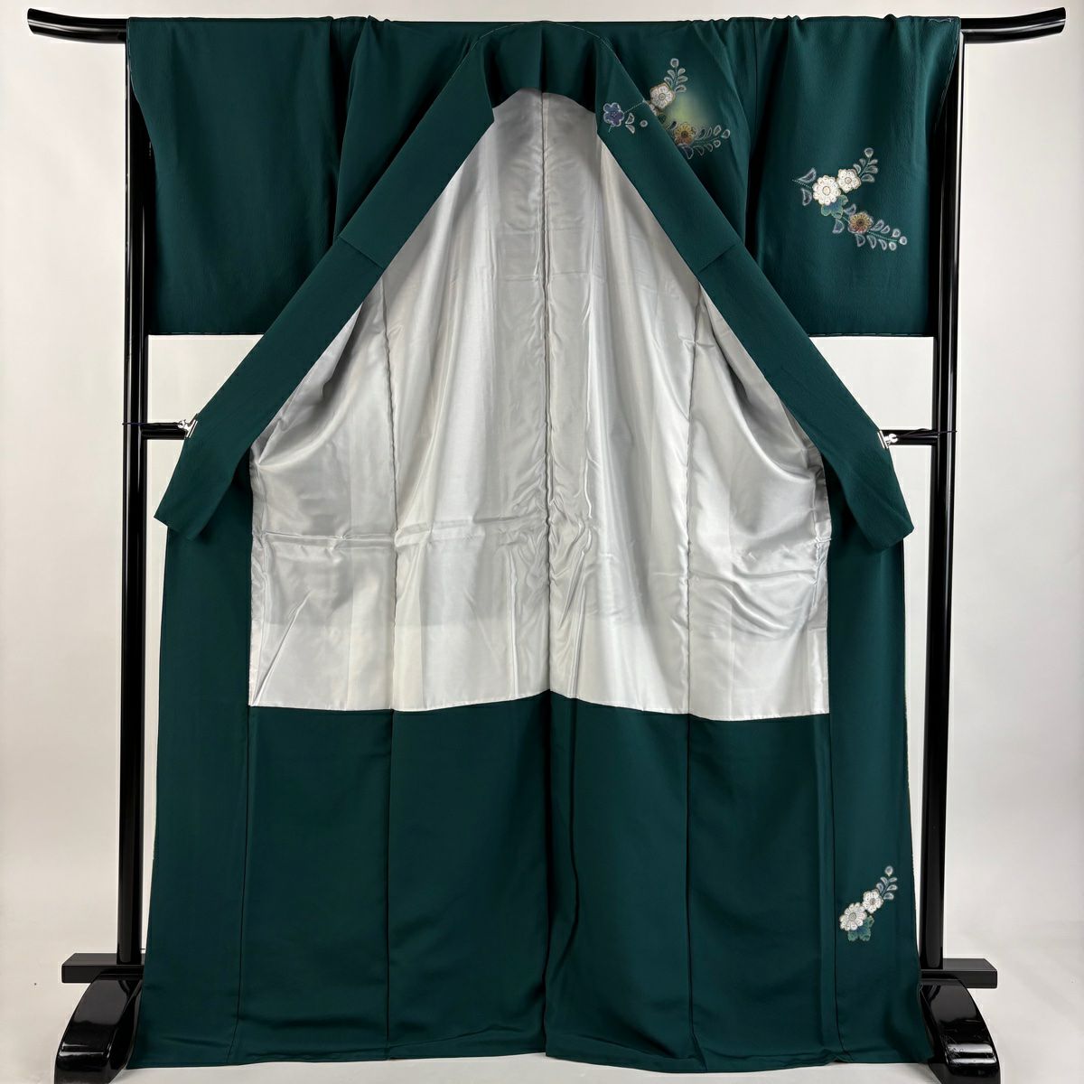訪問服 身長171.5cm 袖長68cm L 雙層 藤本隆士 落款あり 草花紋紋 螺鈿 金銀彩 綠 純蠶絲 逸品級