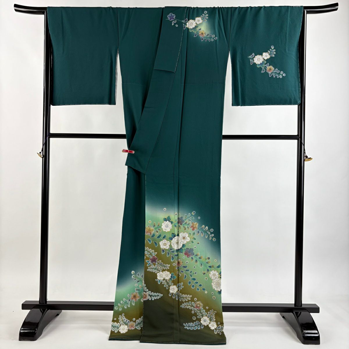 訪問服 身長171.5cm 袖長68cm L 雙層 藤本隆士 落款あり 草花紋紋 螺鈿 金銀彩 綠 純蠶絲 逸品級