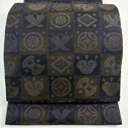 【美品】 袋帶 名品級 光悅二重紗 鉑金撚金 變化市松樹 寶盡くし 金金箔 深藍 全通 純蠶絲
