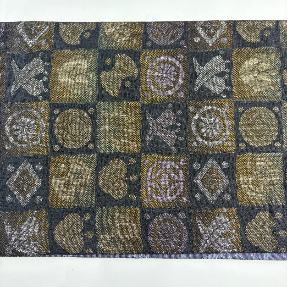 【美品】 袋帶 名品級 光悅二重紗 鉑金撚金 變化市松樹 寶盡くし 金金箔 深藍 全通 純蠶絲