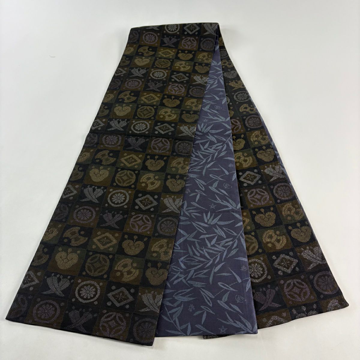 【美品】 袋帶 名品級 光悅二重紗 鉑金撚金 變化市松樹 寶盡くし 金金箔 深藍 全通 純蠶絲