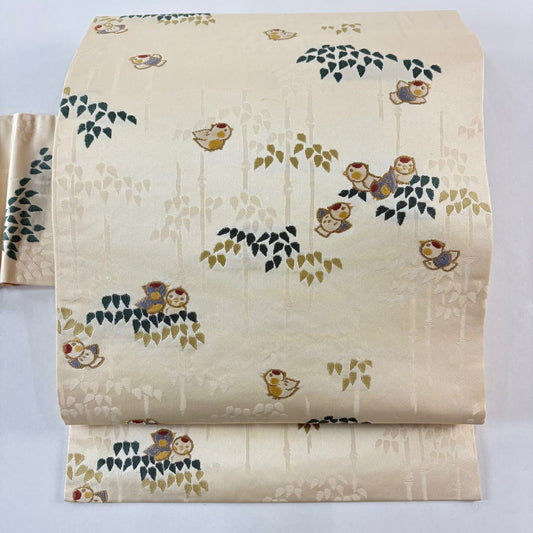 名古屋帶 名品級 雀 竹子 奶油色 純蠶絲