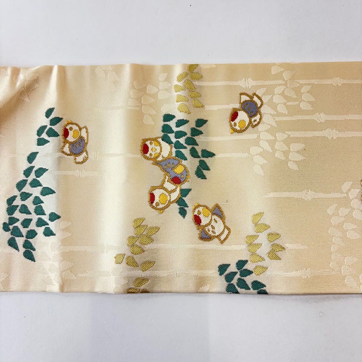 名古屋帶 名品級 雀 竹子 奶油色 純蠶絲