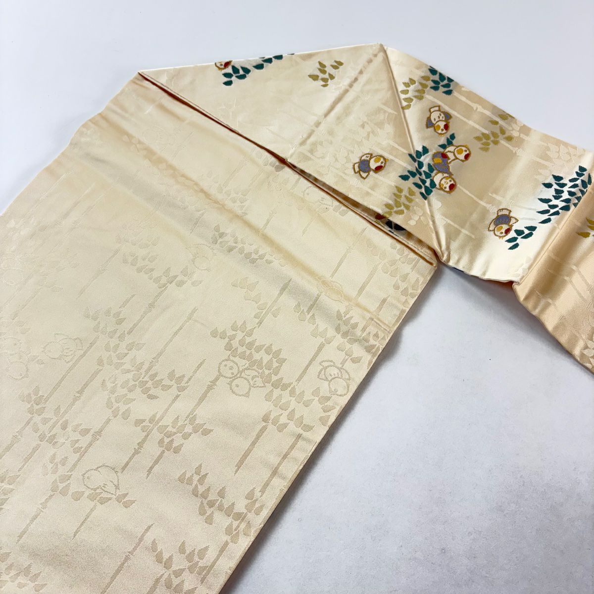 名古屋帶 名品級 雀 竹子 奶油色 純蠶絲