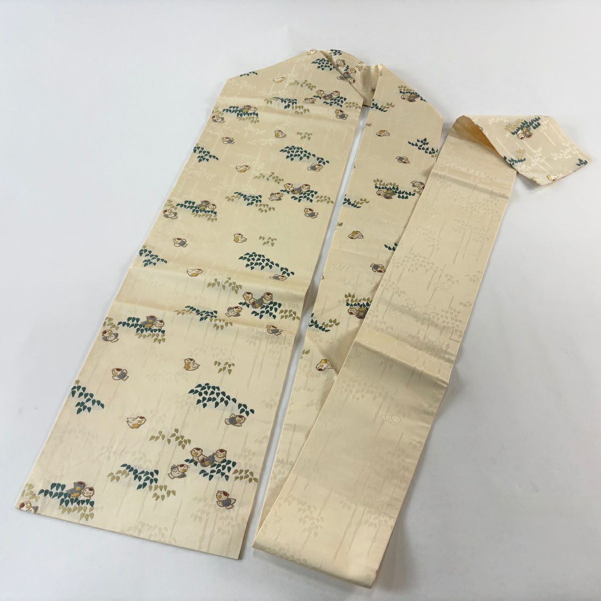 名古屋帶 名品級 雀 竹子 奶油色 純蠶絲