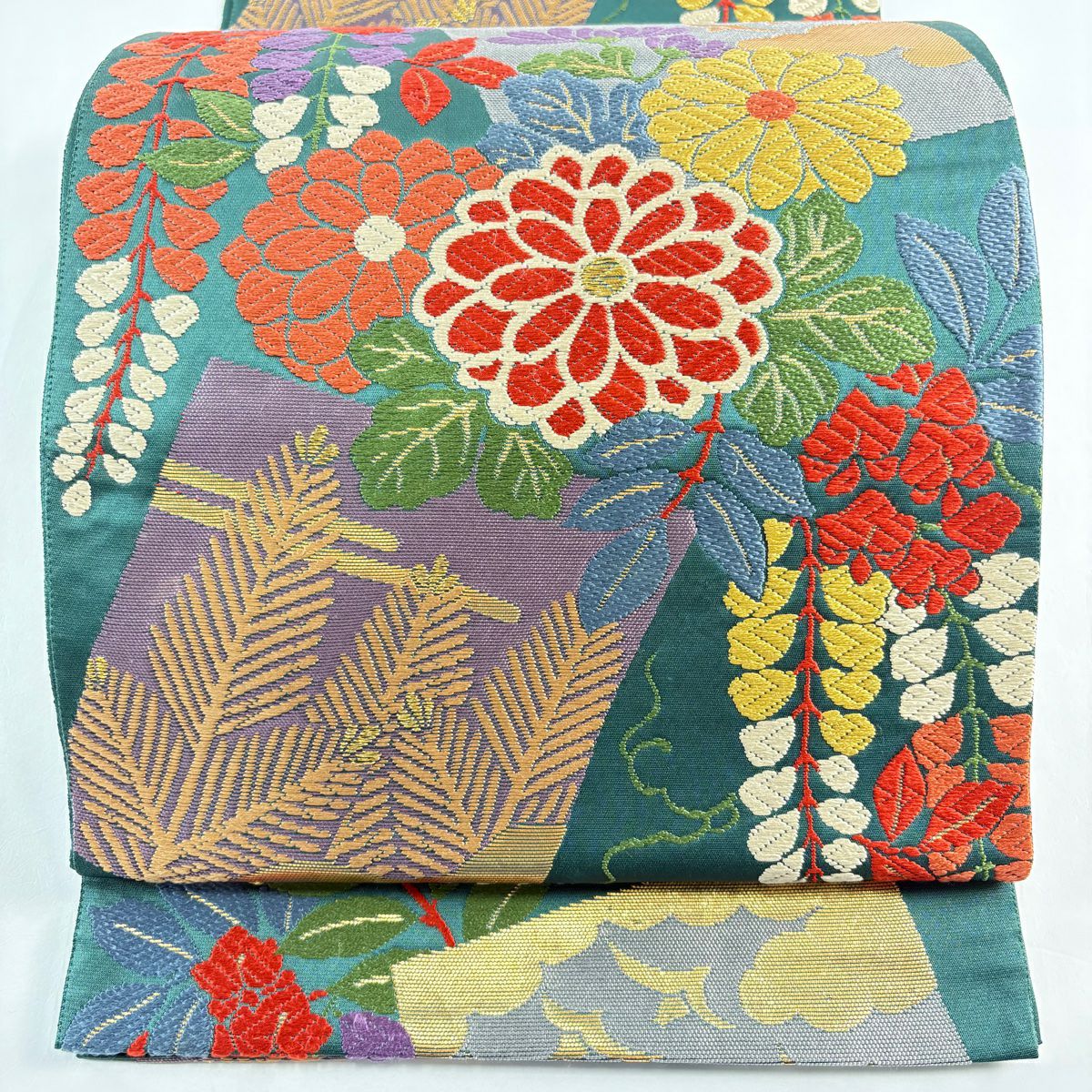 袋帶 名品級 花井幸子 落款 菊花 色紙 金金箔 刺繡 綠 六通 純蠶絲