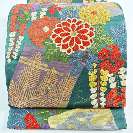袋帶 名品級 花井幸子 落款 菊花 色紙 金金箔 刺繡 綠 六通 純蠶絲