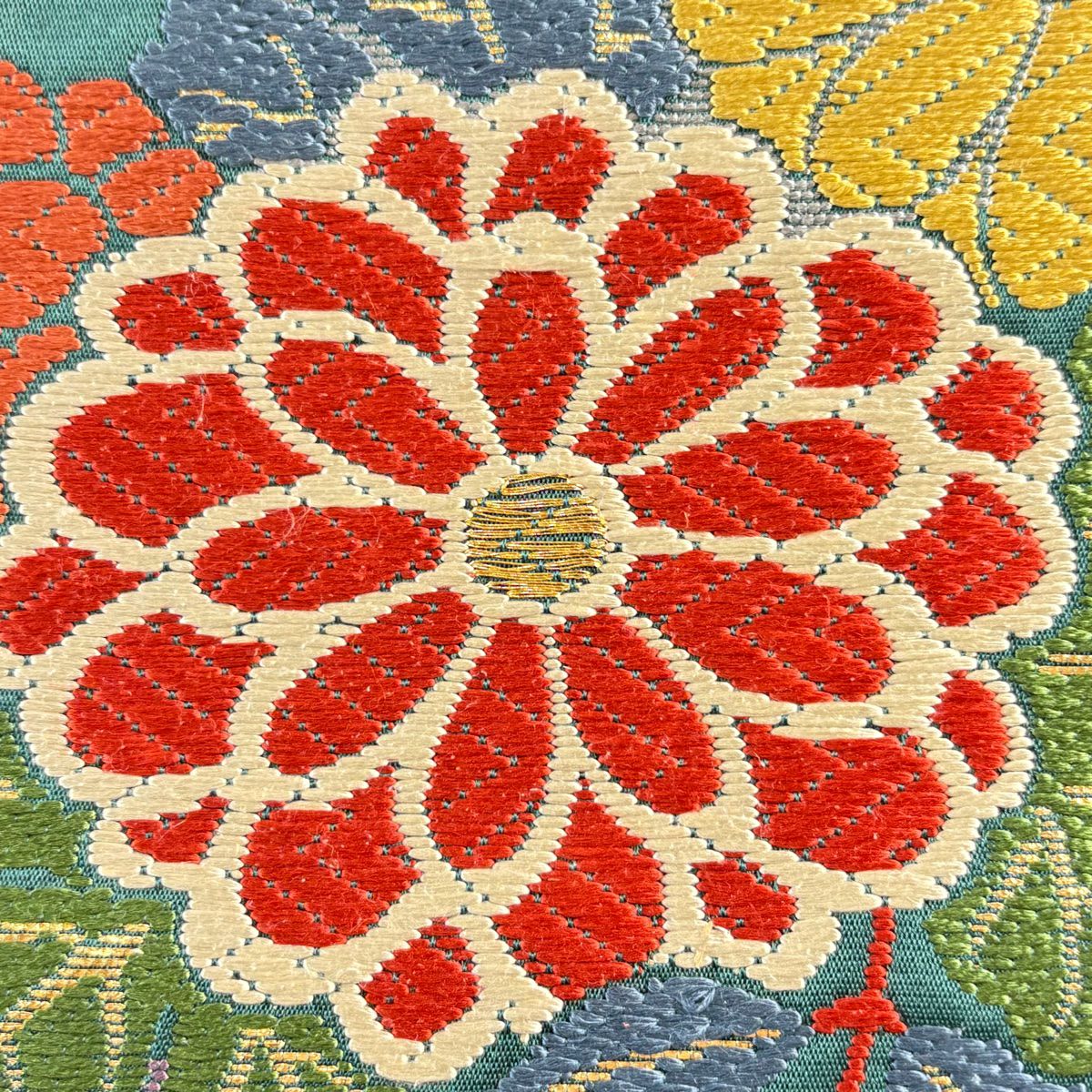袋帶 名品級 花井幸子 落款 菊花 色紙 金金箔 刺繡 綠 六通 純蠶絲