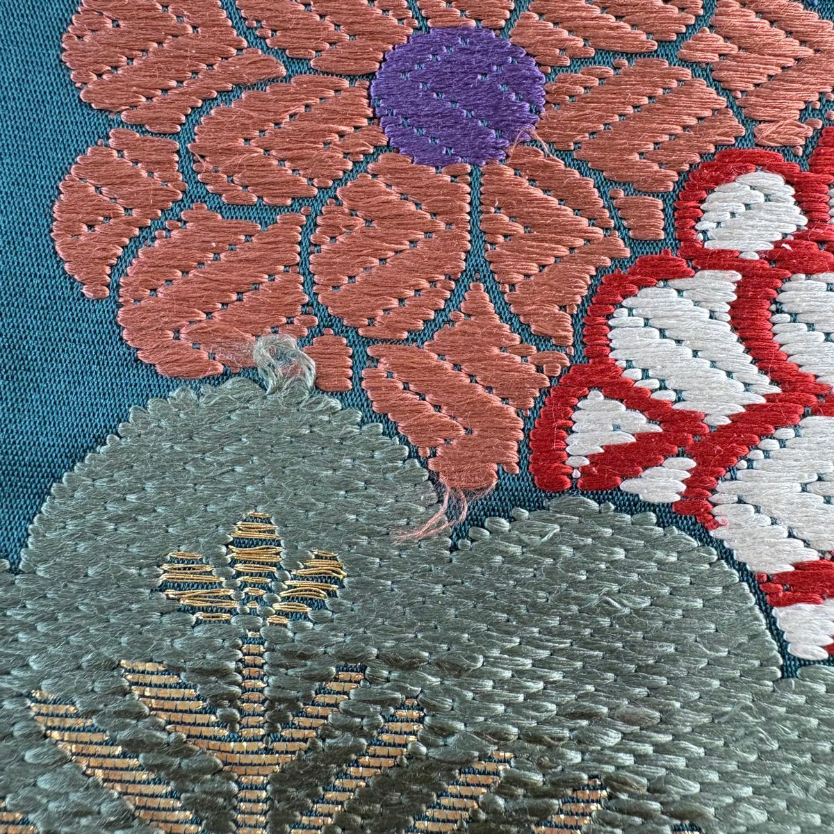 袋帶 名品級 花井幸子 落款 菊花 色紙 金金箔 刺繡 綠 六通 純蠶絲