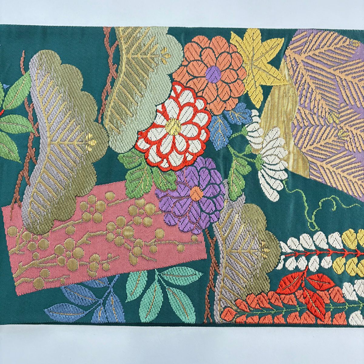 袋帶 名品級 花井幸子 落款 菊花 色紙 金金箔 刺繡 綠 六通 純蠶絲