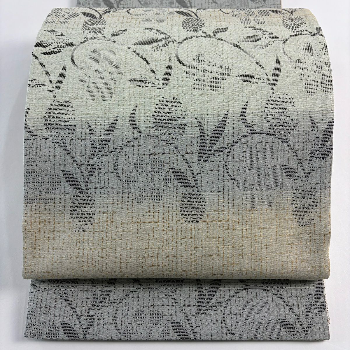 【美品】 袋帶 名品級 笹蔓 灰綠 六通 純蠶絲