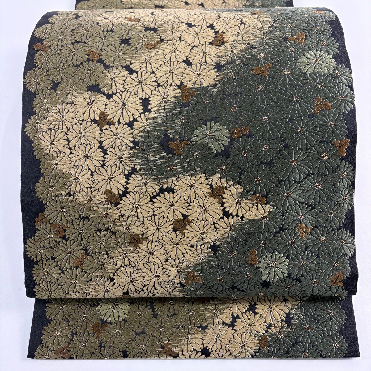 【美品】 袋帶 名品級 菊花盡頭 黑 全通 純蠶絲
