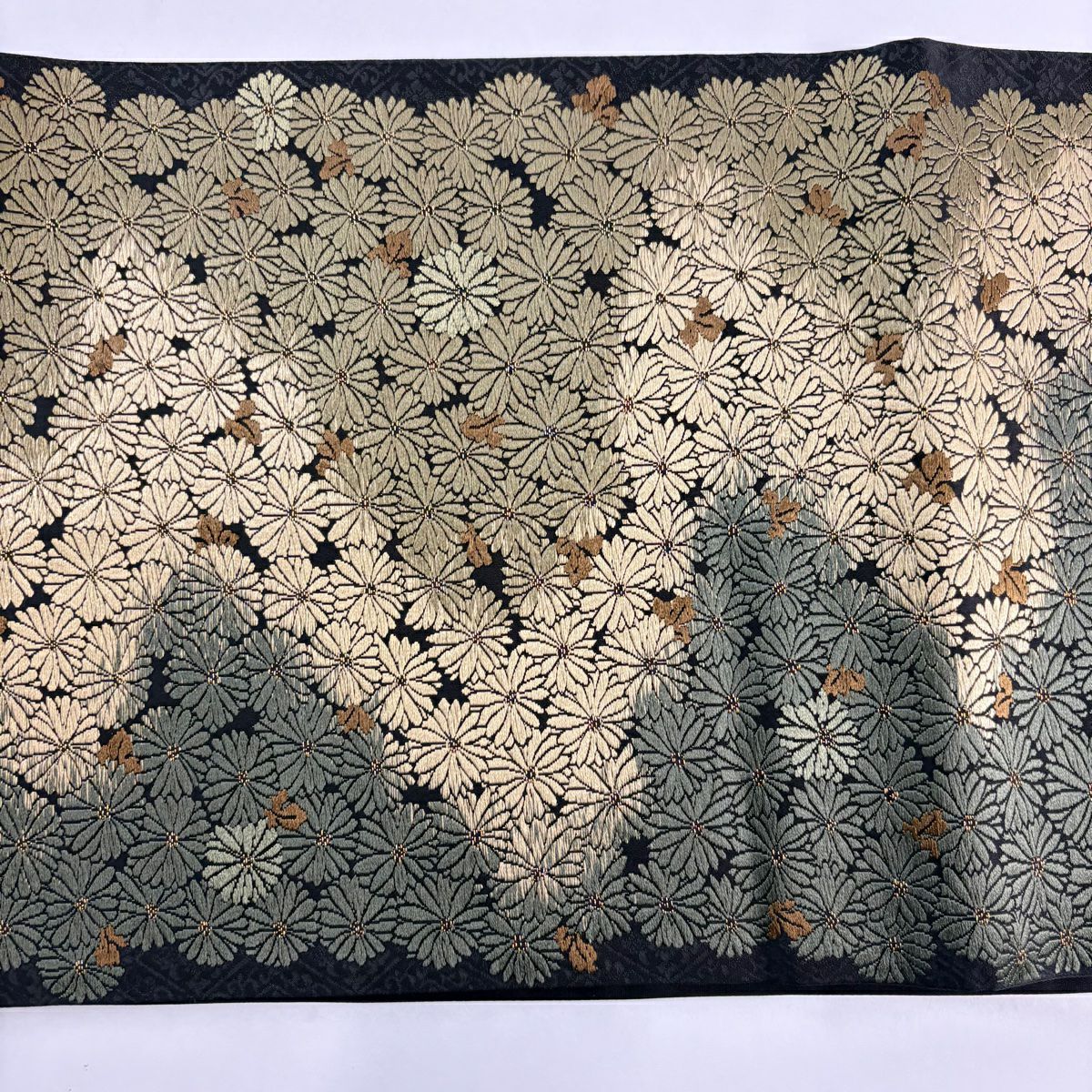 【美品】 袋帶 名品級 菊花盡頭 黑 全通 純蠶絲