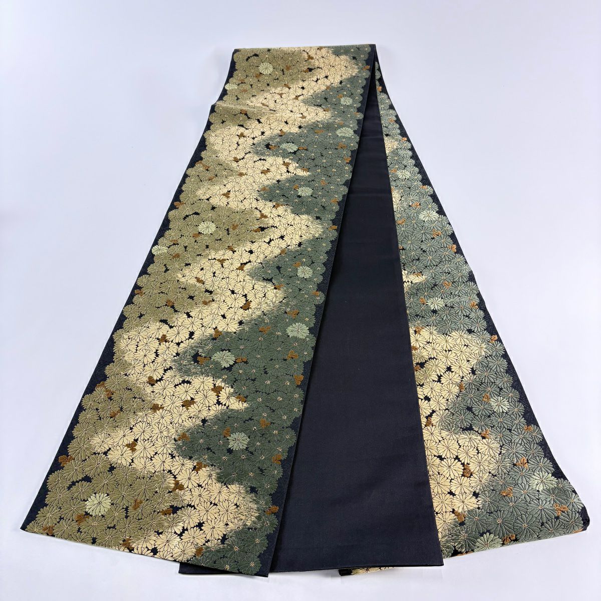【美品】 袋帶 名品級 菊花盡頭 黑 全通 純蠶絲
