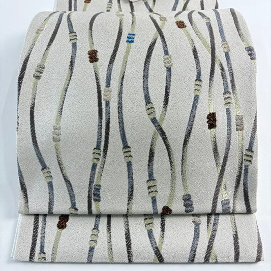 【美品】 袋帶 名品級 帶締 金金箔 米色 大鼓圖案 純蠶絲