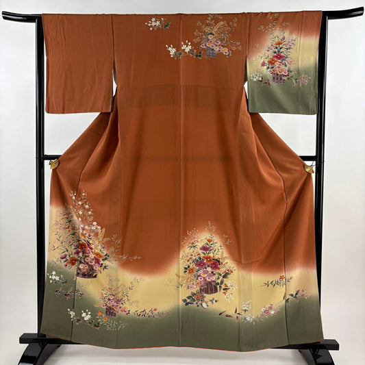【美品】訪問服 身長159cm 袖長63cm S 雙層 花籠 草花紋紋 金彩裝飾 染分 紅茶 純蠶絲 秀品級