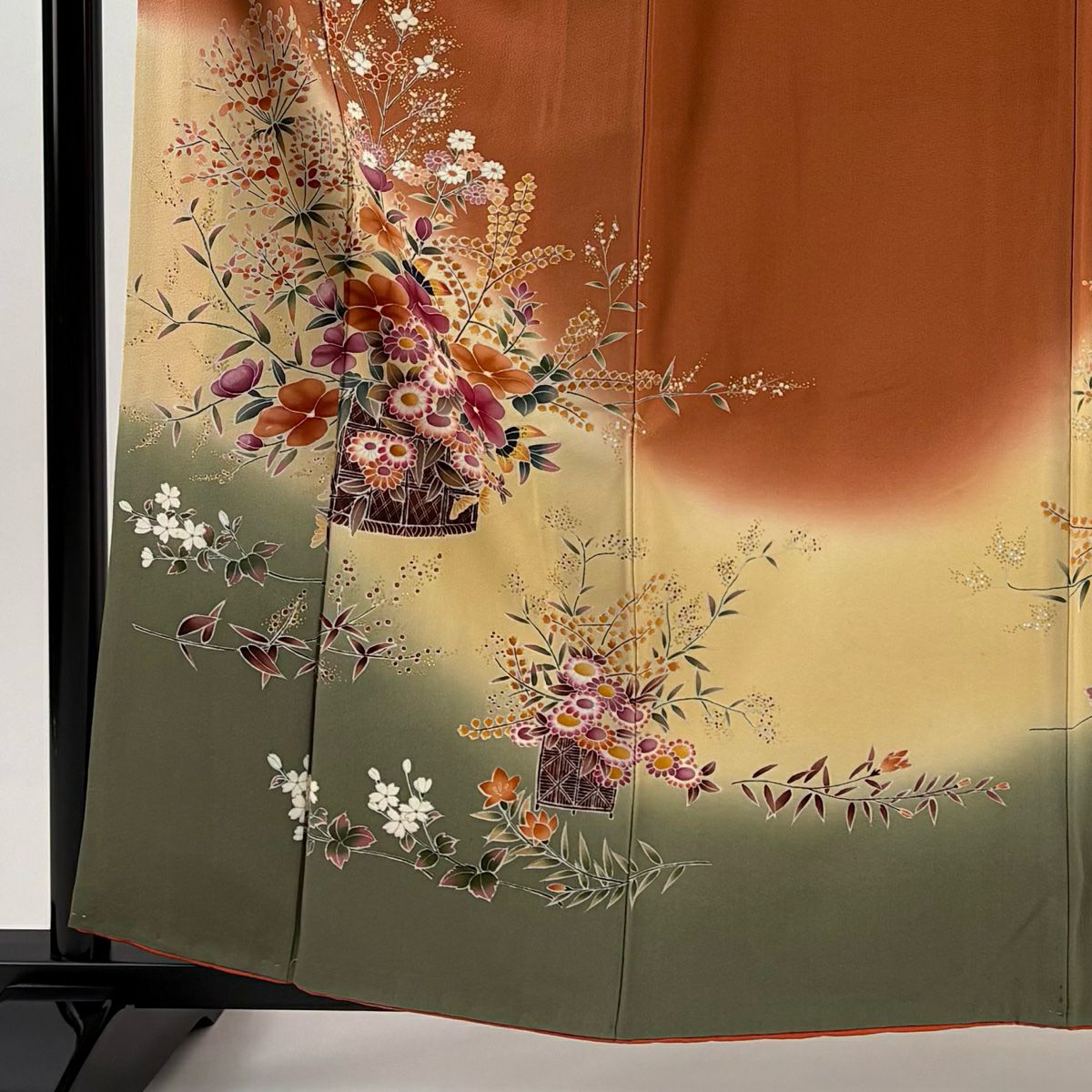 【美品】訪問服 身長159cm 袖長63cm S 雙層 花籠 草花紋紋 金彩裝飾 染分 紅茶 純蠶絲 秀品級