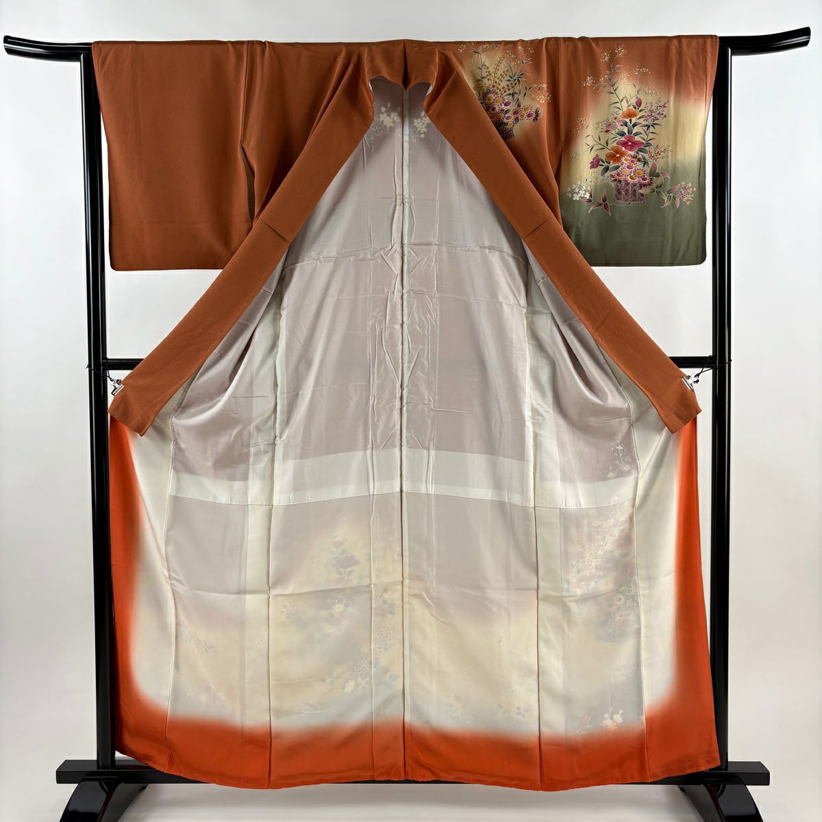 【美品】訪問服 身長159cm 袖長63cm S 雙層 花籠 草花紋紋 金彩裝飾 染分 紅茶 純蠶絲 秀品級