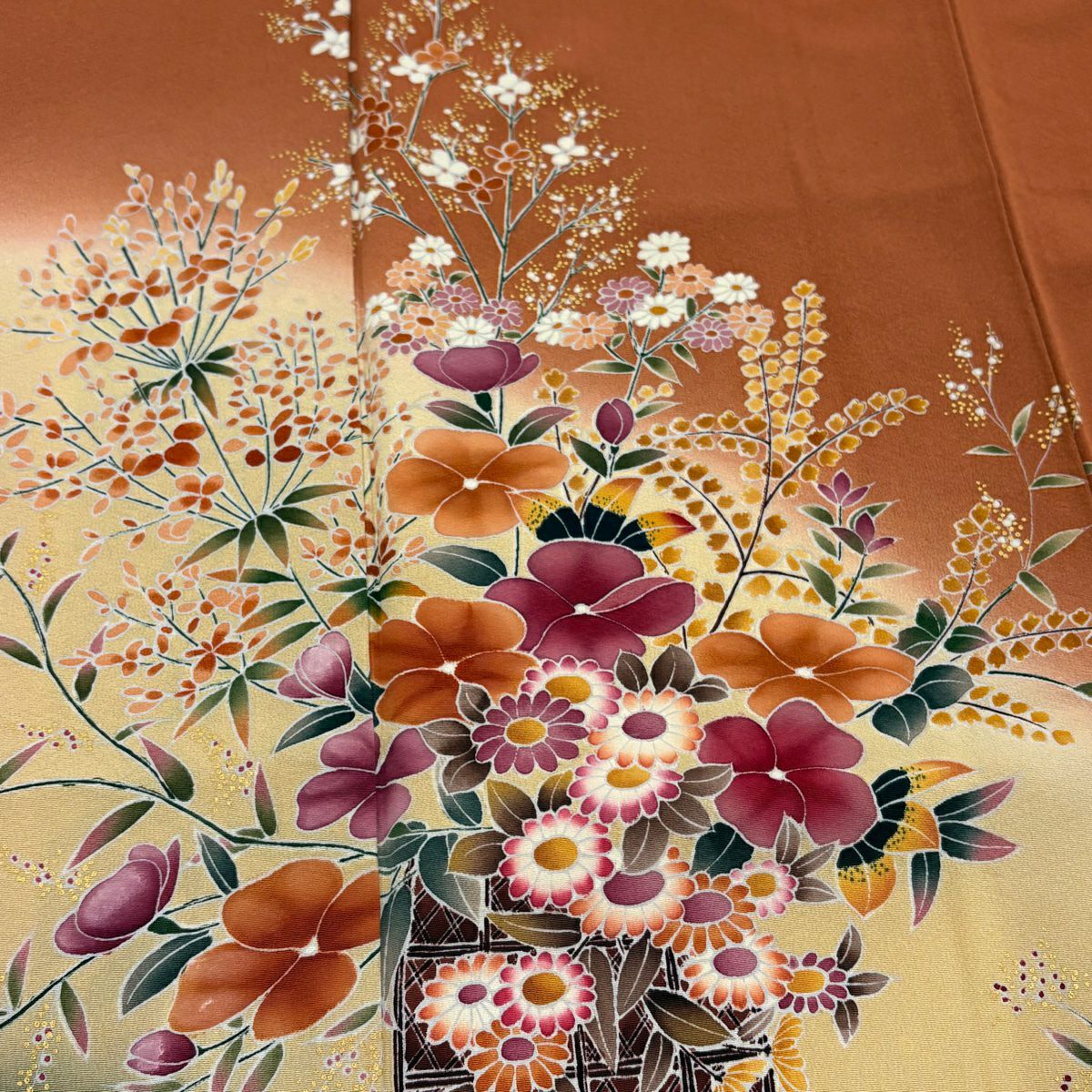 【美品】訪問服 身長159cm 袖長63cm S 雙層 花籠 草花紋紋 金彩裝飾 染分 紅茶 純蠶絲 秀品級