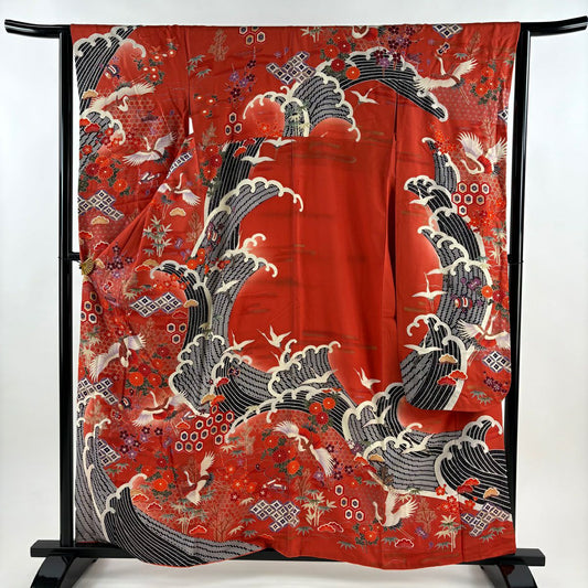 振袖禮服 身長159.5cm 袖長62.5cm S 雙層 仙鶴寶盡 金銀彩 拉麵 朱 純蠶絲 優品級
