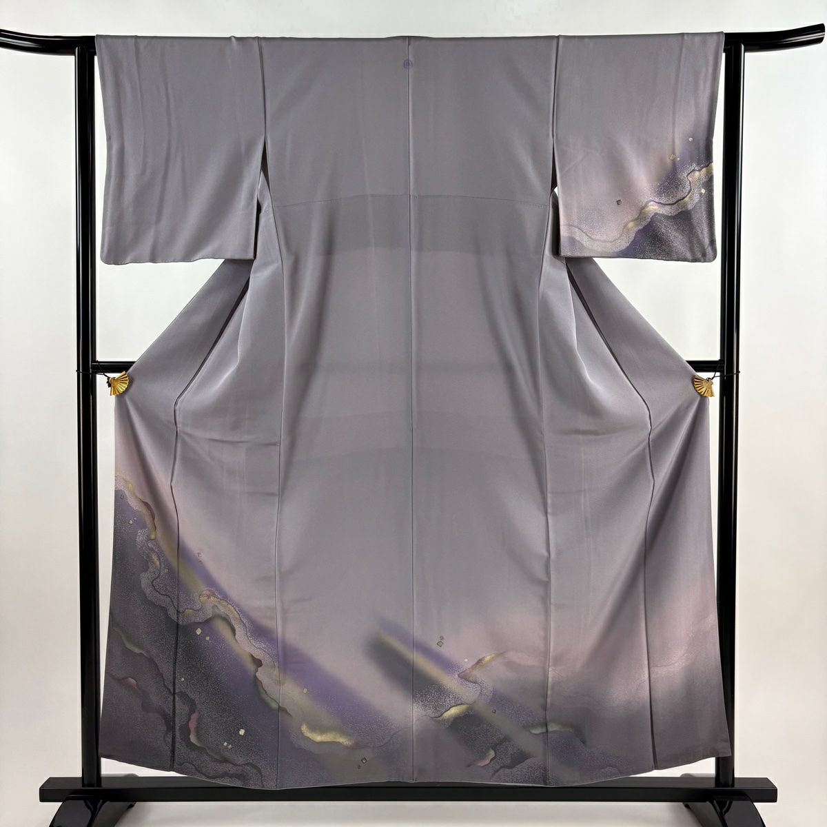 付下 身長157cm 袖長62cm S 雙層 金金箔散佈 霞 金銀彩 漸層 灰紫 純蠶絲 優品級 一個紋
