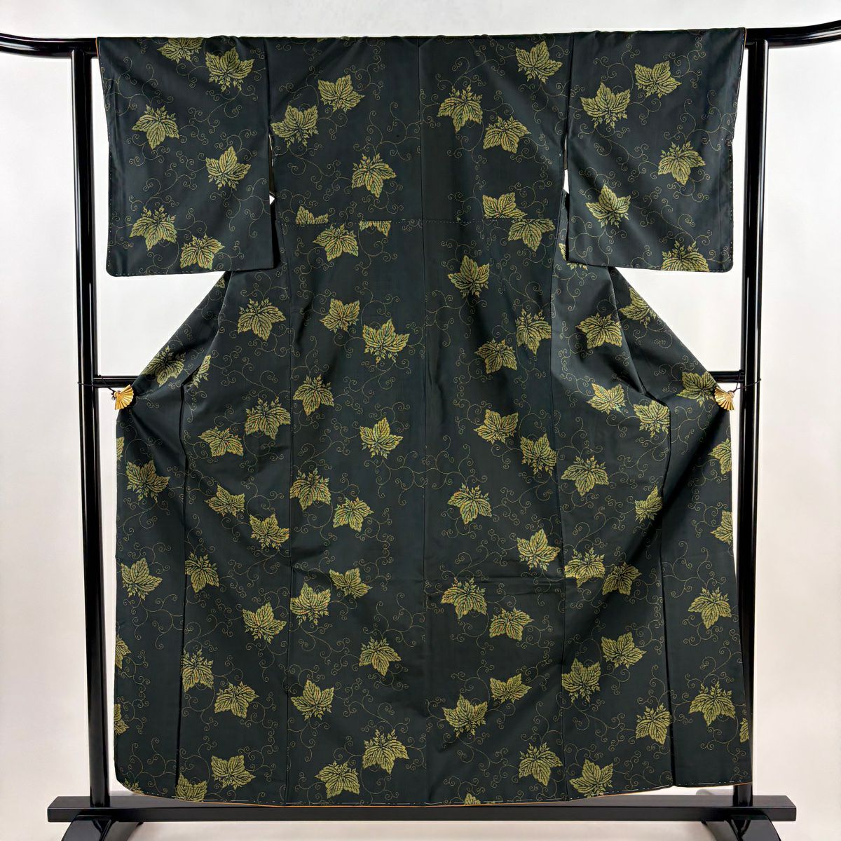 紬織 身長158.5cm 袖長62cm S 雙層 桐 唐草紋 深綠 純蠶絲 秀品級