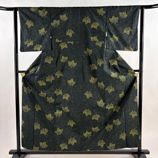 紬織 身長158.5cm 袖長62cm S 雙層 桐 唐草紋 深綠 純蠶絲 秀品級