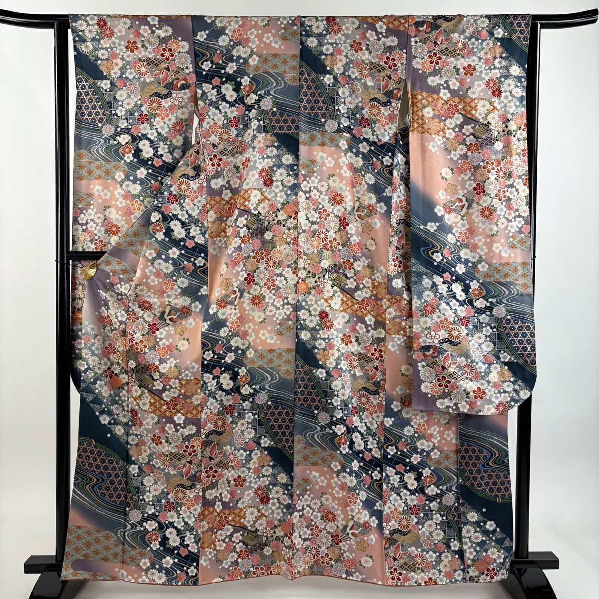 【美品】振袖禮服 身長163cm 袖長63cm S 雙層 花車 扇子 金銀彩 漸層 粉色 純蠶絲 優品級