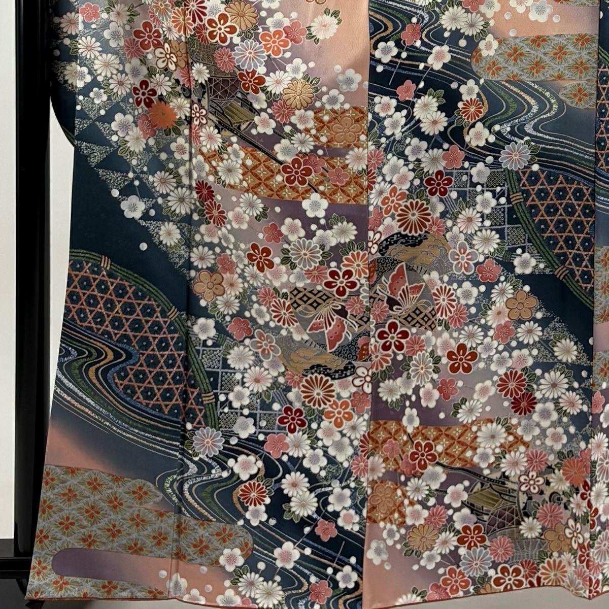 【美品】振袖禮服 身長163cm 袖長63cm S 雙層 花車 扇子 金銀彩 漸層 粉色 純蠶絲 優品級