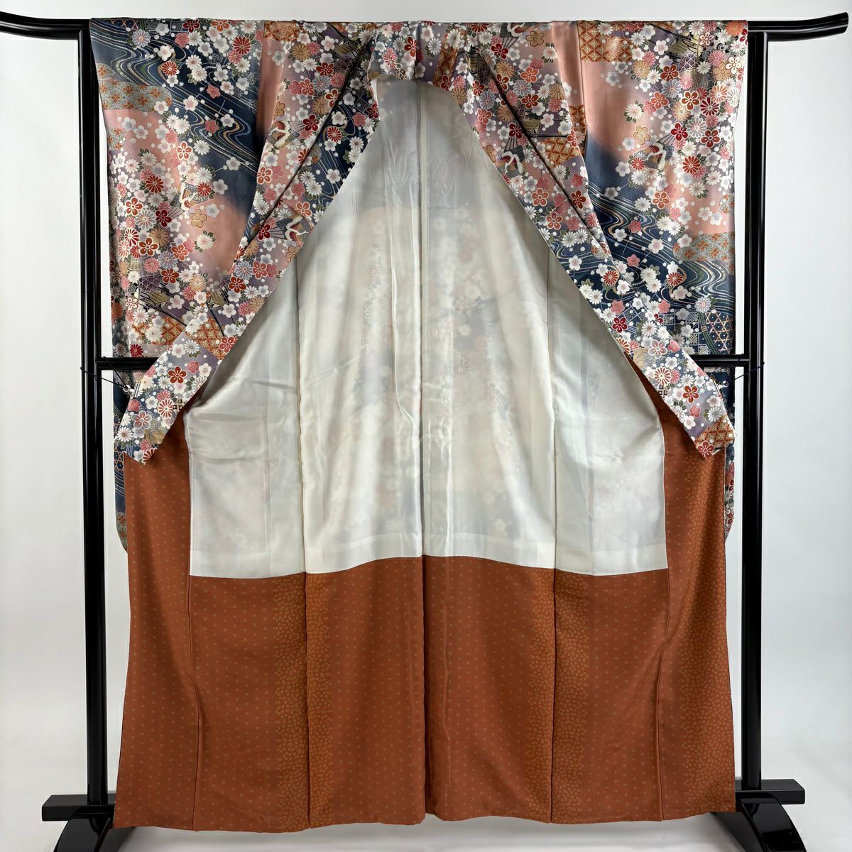 【美品】振袖禮服 身長163cm 袖長63cm S 雙層 花車 扇子 金銀彩 漸層 粉色 純蠶絲 優品級