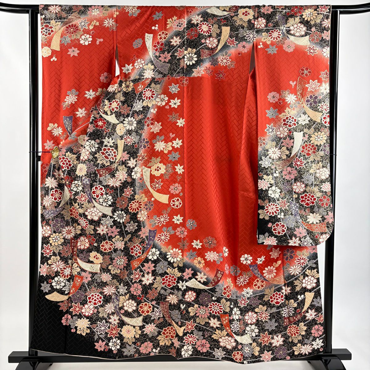 振袖禮服 身長158cm 袖長63cm S 雙層 短冊 草花紋紋 金銀彩 金糸 朱 純蠶絲 秀品級