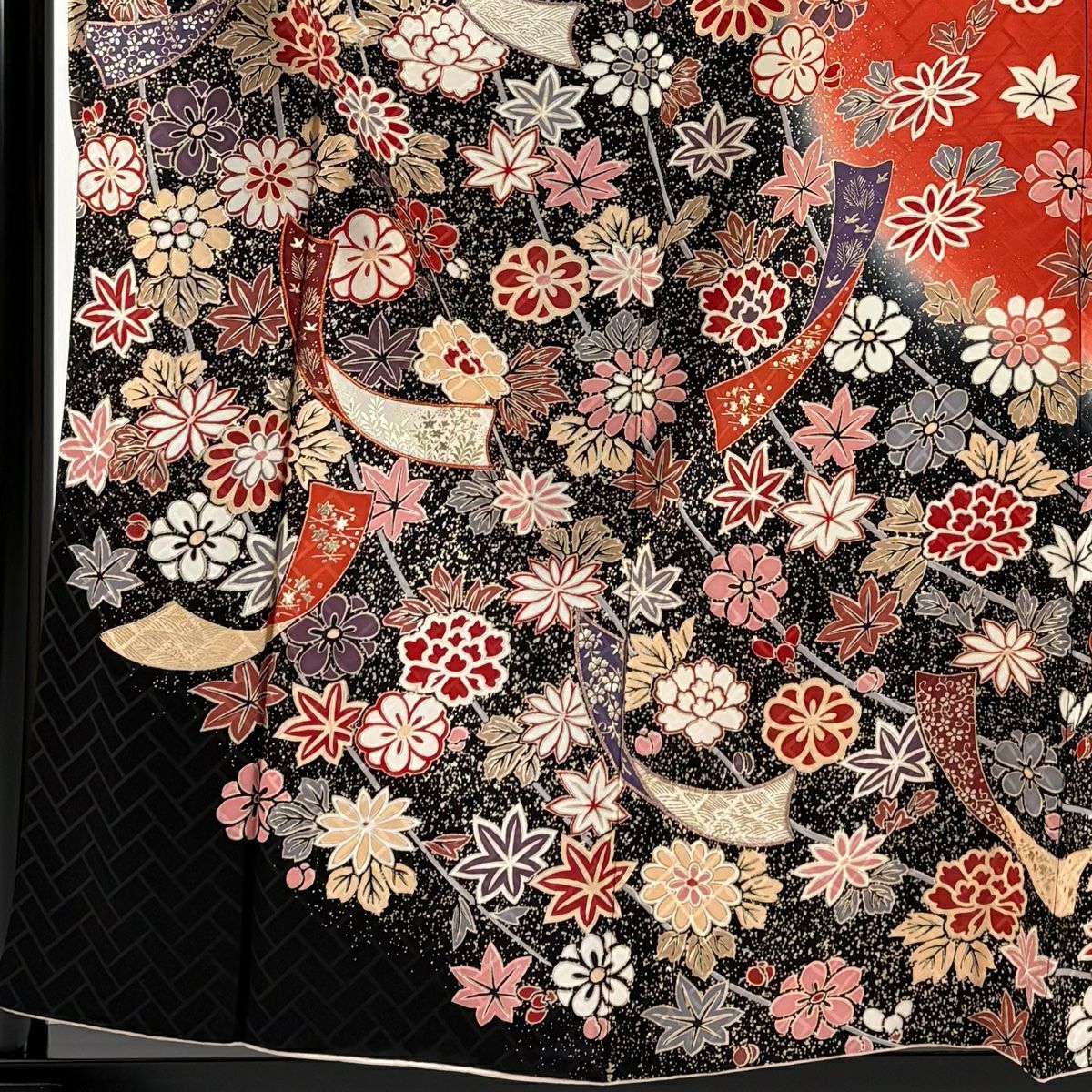 振袖禮服 身長158cm 袖長63cm S 雙層 短冊 草花紋紋 金銀彩 金糸 朱 純蠶絲 秀品級