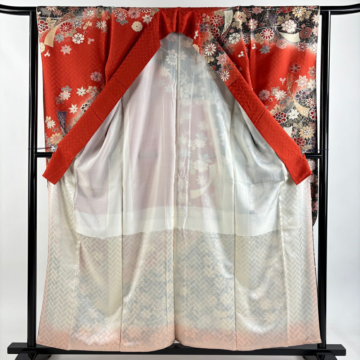振袖禮服 身長158cm 袖長63cm S 雙層 短冊 草花紋紋 金銀彩 金糸 朱 純蠶絲 秀品級