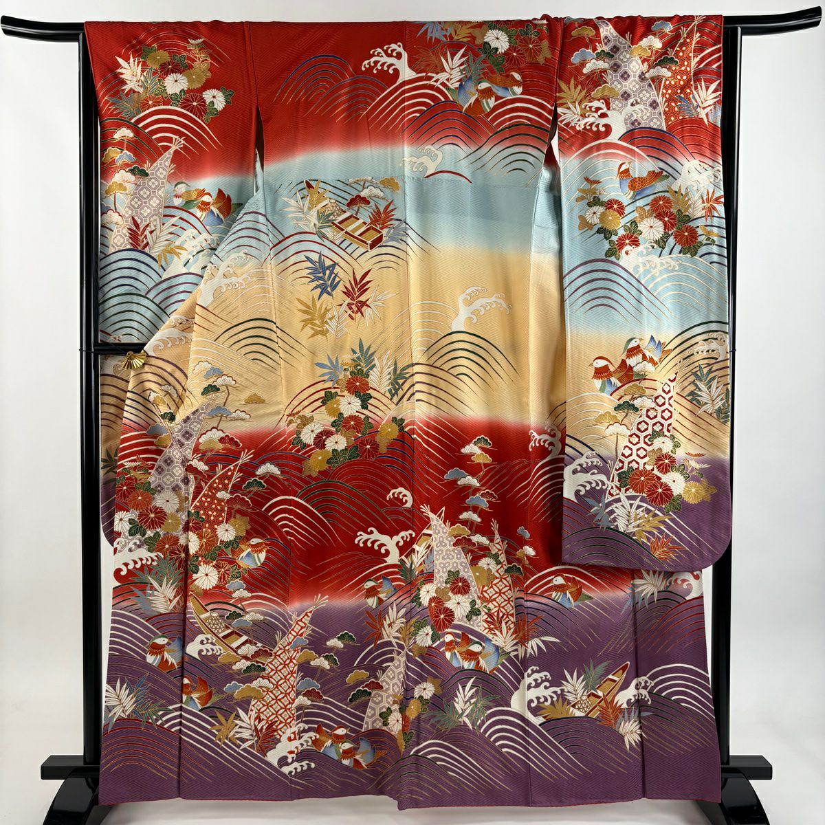 振袖禮服 身長164cm 袖長65cm M 雙層 草花紋紋 鴛鴦 金絲 金銀彩 紅 純蠶絲 秀品級