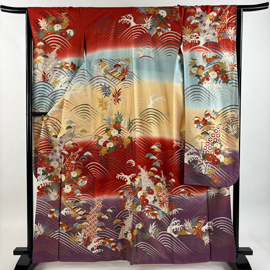 振袖禮服 身長164cm 袖長65cm M 雙層 草花紋紋 鴛鴦 金絲 金銀彩 紅 純蠶絲 秀品級