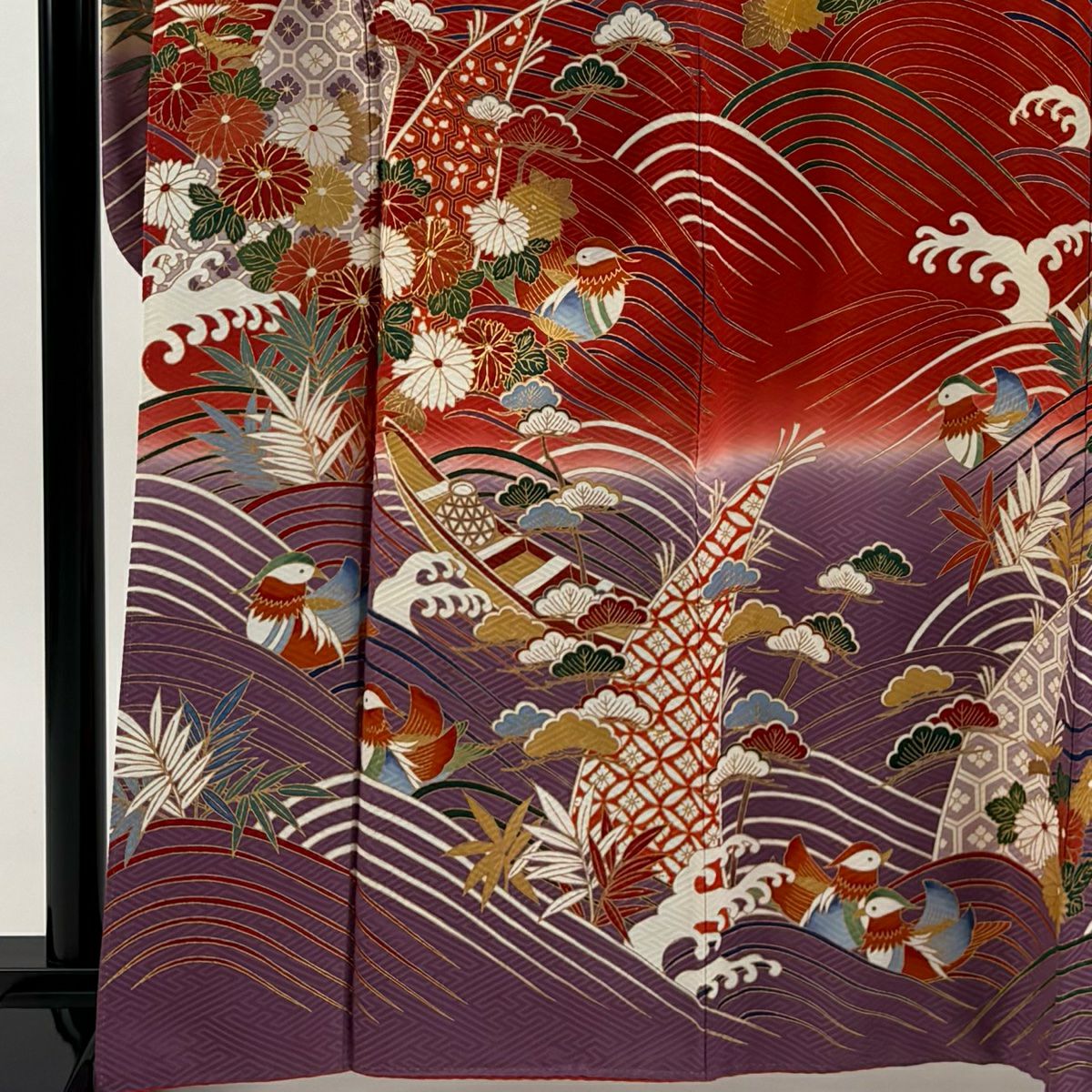 振袖禮服 身長164cm 袖長65cm M 雙層 草花紋紋 鴛鴦 金絲 金銀彩 紅 純蠶絲 秀品級