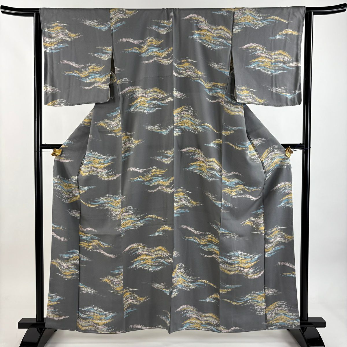 【美品】 小紋 身長161.5cm 袖長64cm M 雙層 霞 灰 純蠶絲 秀品級 一つ紋