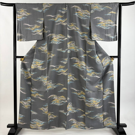 【美品】 小紋 身長161.5cm 袖長64cm M 雙層 霞 灰 純蠶絲 秀品級 一つ紋