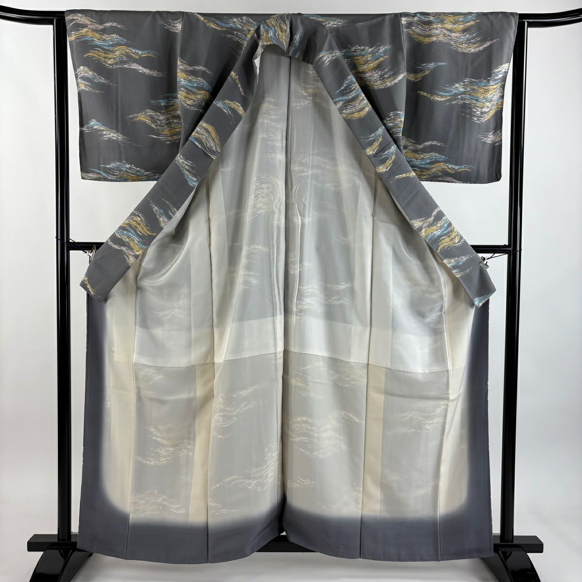 【美品】 小紋 身長161.5cm 袖長64cm M 雙層 霞 灰 純蠶絲 秀品級 一つ紋