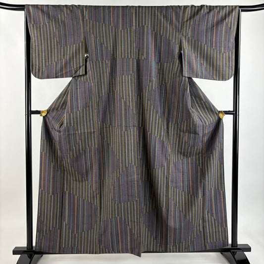 【美品】 小紋 身長159.5cm 袖長67cm M 雙層 紬織織 縞 幾何圖案 灰紫 純蠶絲 優品級