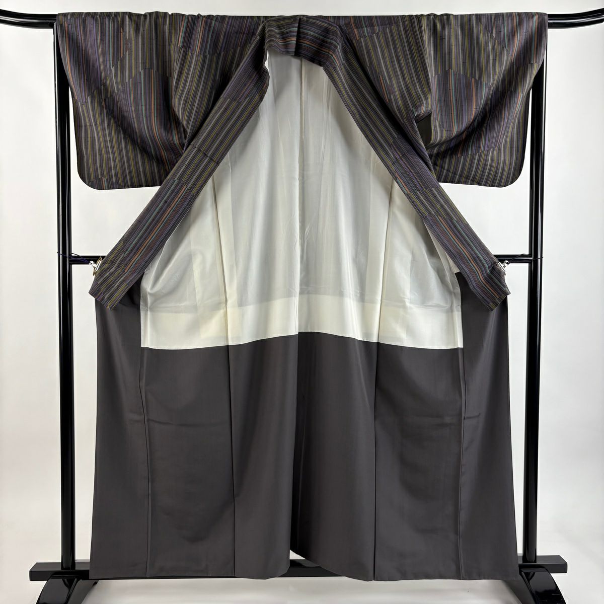 【美品】 小紋 身長159.5cm 袖長67cm M 雙層 紬織織 縞 幾何圖案 灰紫 純蠶絲 優品級