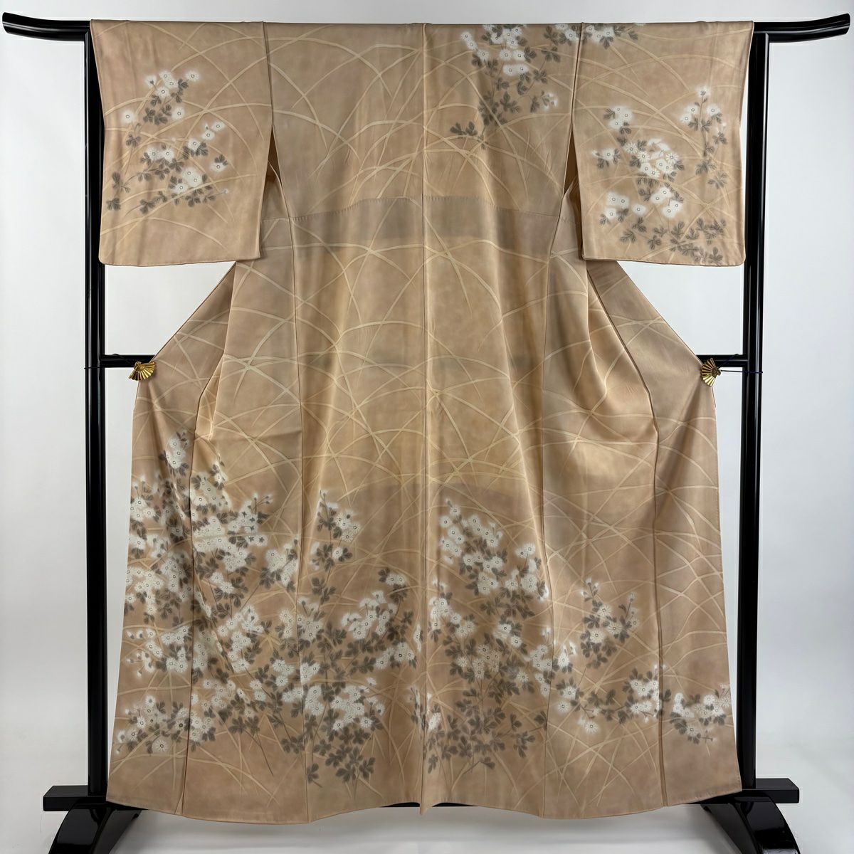 【美品】訪問服 身長161cm 袖長65cm M 雙層 草花紋紋 漸層 薄茶 純蠶絲 優品級