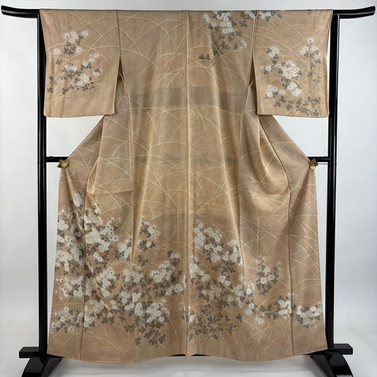 【美品】訪問服 身長161cm 袖長65cm M 雙層 草花紋紋 漸層 薄茶 純蠶絲 優品級