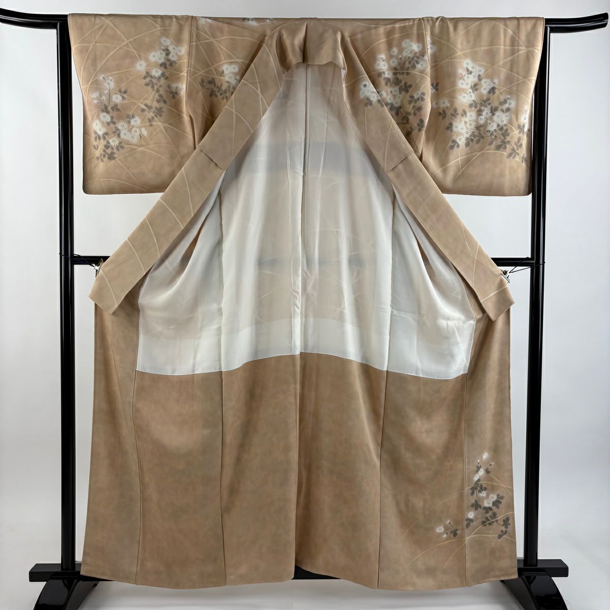 【美品】訪問服 身長161cm 袖長65cm M 雙層 草花紋紋 漸層 薄茶 純蠶絲 優品級
